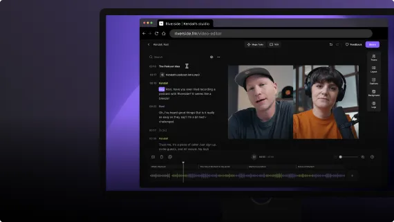 Computer screen showing Riverside video editor with two people on a video call and a chat transcript.